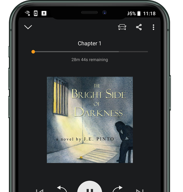 Smartphone screen showing an audiobook player for Chapter 1 of The Bright Side of Darkness.