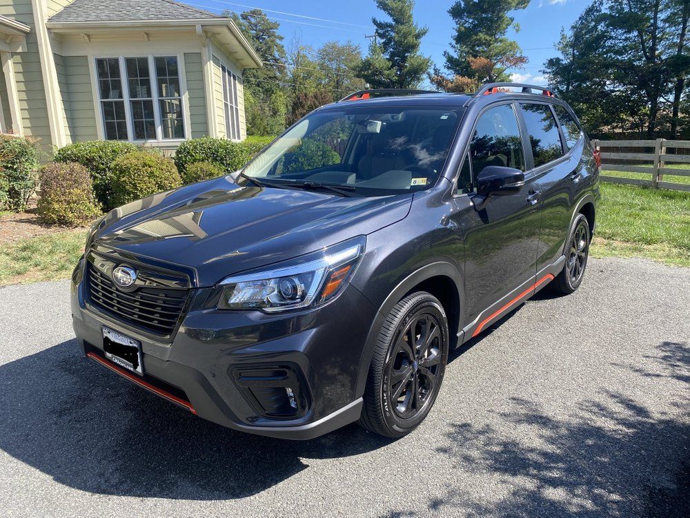 Dark gray SUV parked in a driveway beside a house on a sunny day
