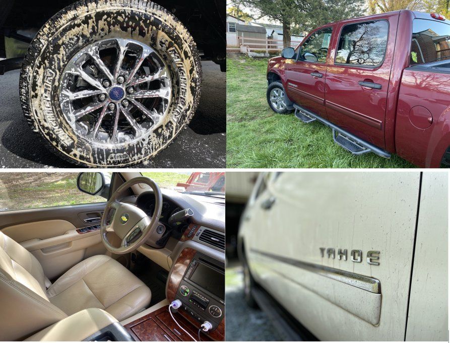 Collage of a maroon GMC pickup with muddy wheel, beige interior, and close-up of tailgate badge.