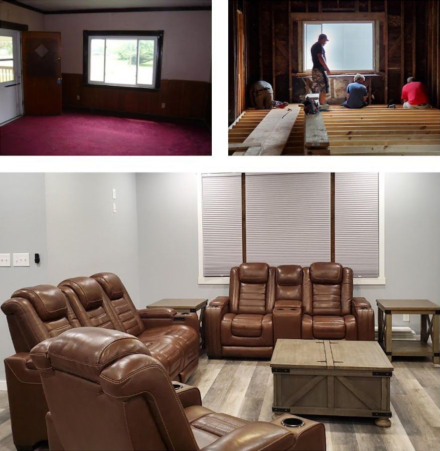 Before and after renovation: Room with red carpet, then construction, then finished with leather recliners.