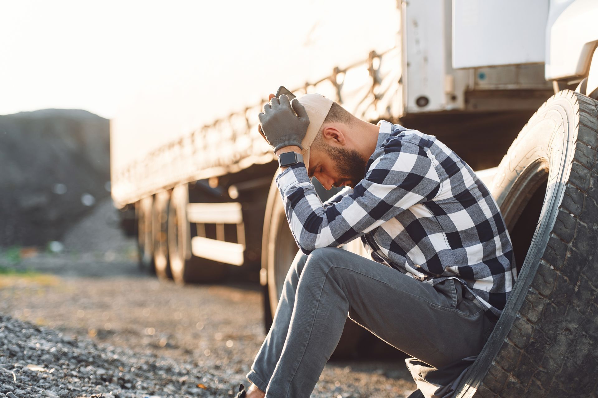 Man sitting by a truck on gravel, head in hands, looking distressed