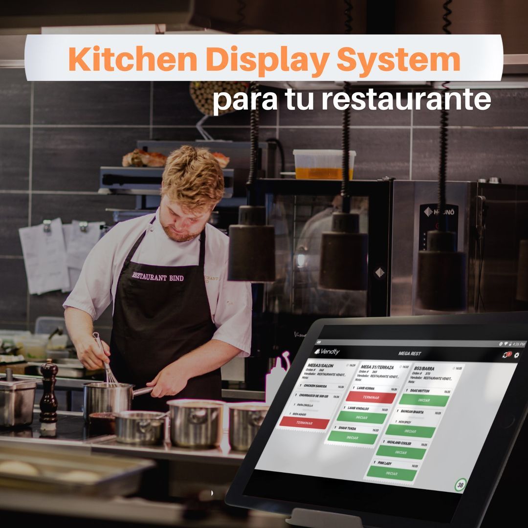 Un hombre cocinando en una cocina con las palabras sistema de visualización de cocina para tu restaurante encima de él