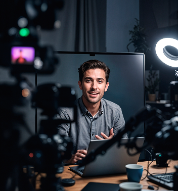 Man filming a vlog. He sits at a desk with a laptop, surrounded by cameras and a ring light. He smiles.