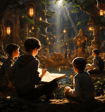 Children read a book in a glowing forest with hanging lanterns. Sunlight streams, illuminating an ornate shrine.