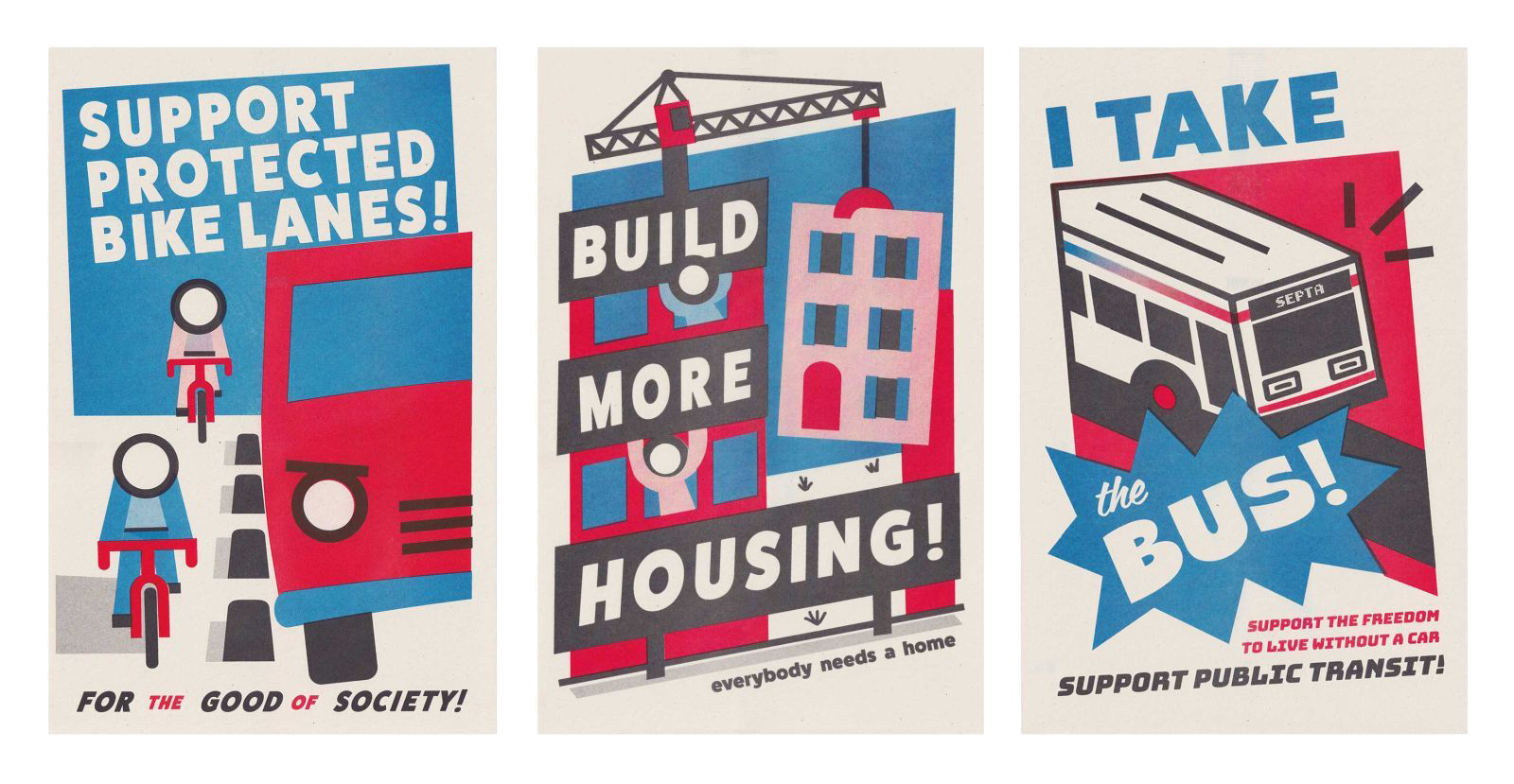 Three retro posters advocating for transportation and housing.