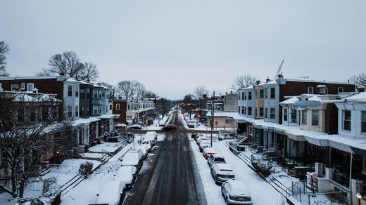 Snowy street lined with row houses, cars covered in snow. Overcast sky.