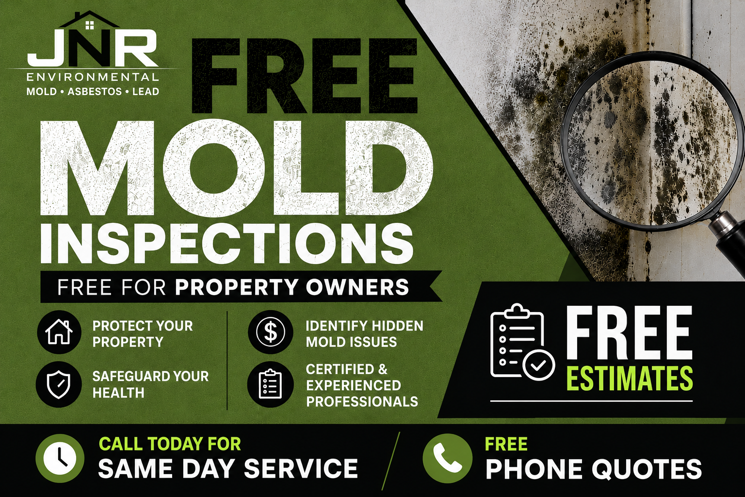 Black-and-green ad for JNR mold inspections: free mold inspections, free estimates, same-day service, free phone quotes