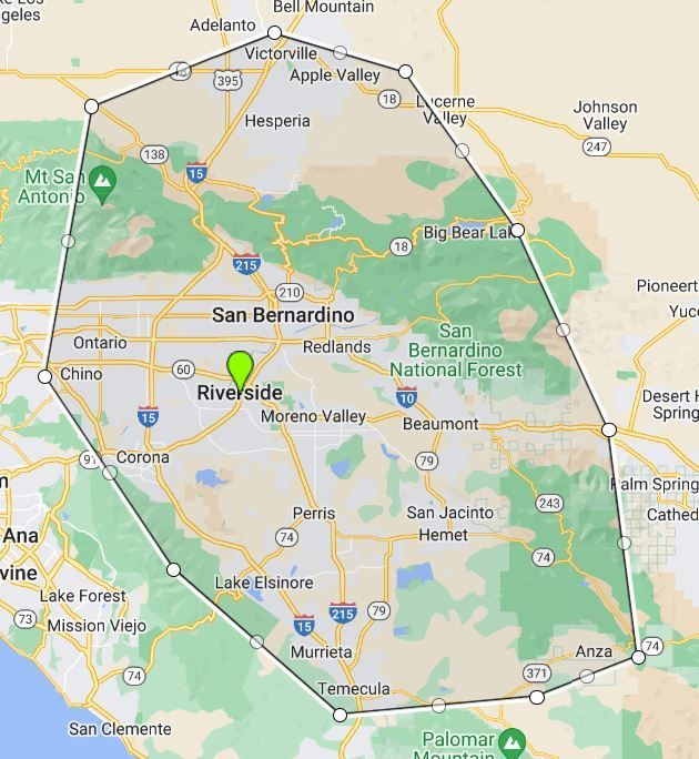 Map of the Riverside, California area with city labels, highways, and green park regions