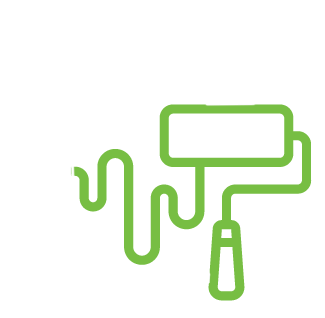 Green outline of a paint roller and paint drip icon on a white background
