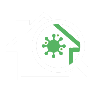 Green virus symbol inside a white house outline with a diagonal roof line