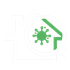 Green virus symbol inside a house outline with a diagonal green line overlay