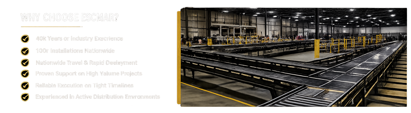 Warehouse conveyor system with a white text panel and bullet list on the left