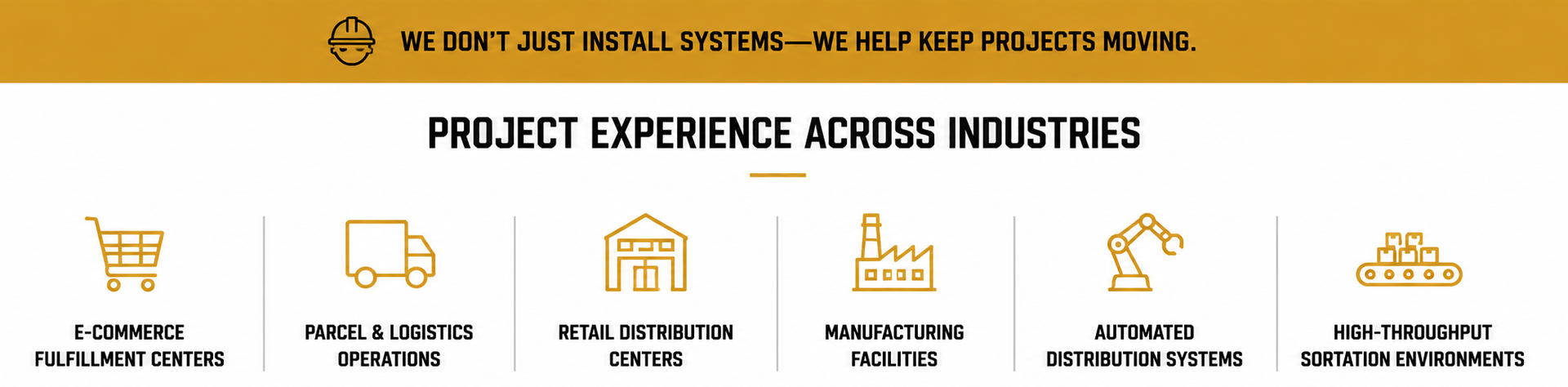 Orange banner titled “Project Experience Across Industries” with six industry icons and labels.