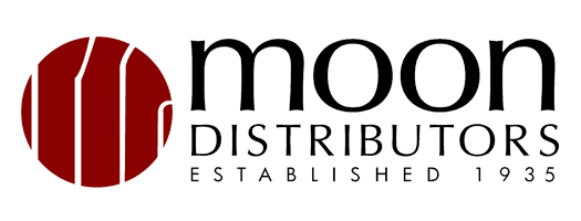 Moon Distributors logo with red circle mark and black text, established 1935