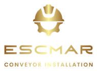 Gold ESCMAR logo with hard hat icon and the words “Conveyor Installation”