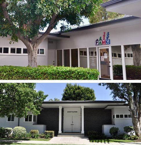 Two exterior views of a white school building with trees, windows, and a front entrance.