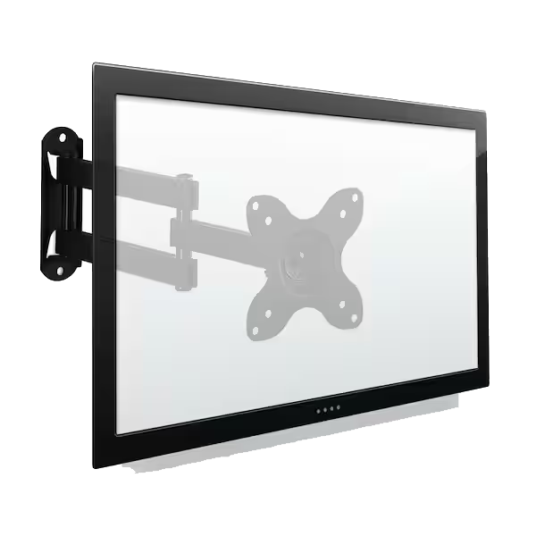 Black TV mounted on a wall with a black articulating arm.