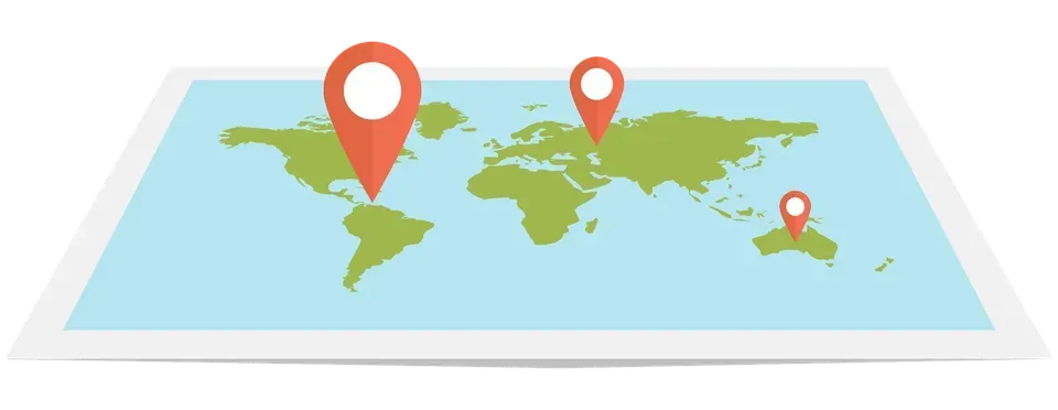 A map of the world with two red pins on it.