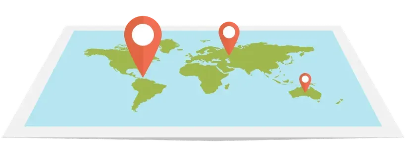 A map of the world with two red pins on it.
