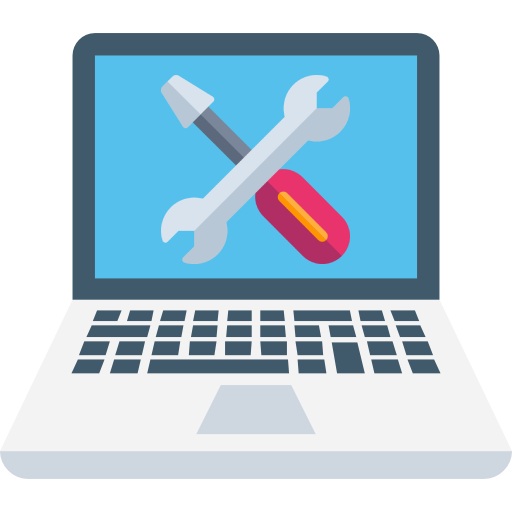 Laptop screen displaying a wrench and screwdriver crossed, representing maintenance or repair.