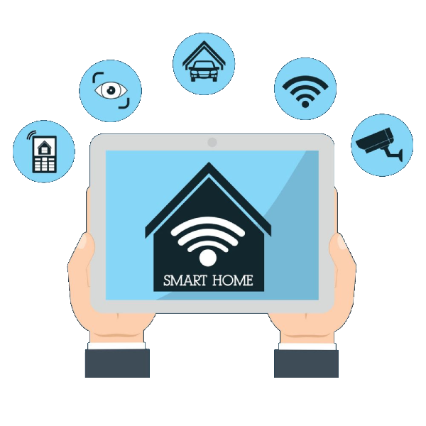 Hands holding a tablet displaying a smart home icon, surrounded by connected devices, in a blue and white illustration.