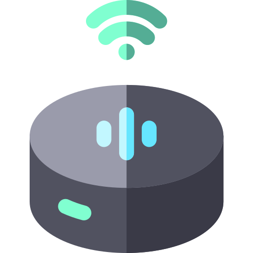 Hands holding a tablet displaying a smart home icon, surrounded by connected devices, in a blue and white illustration.