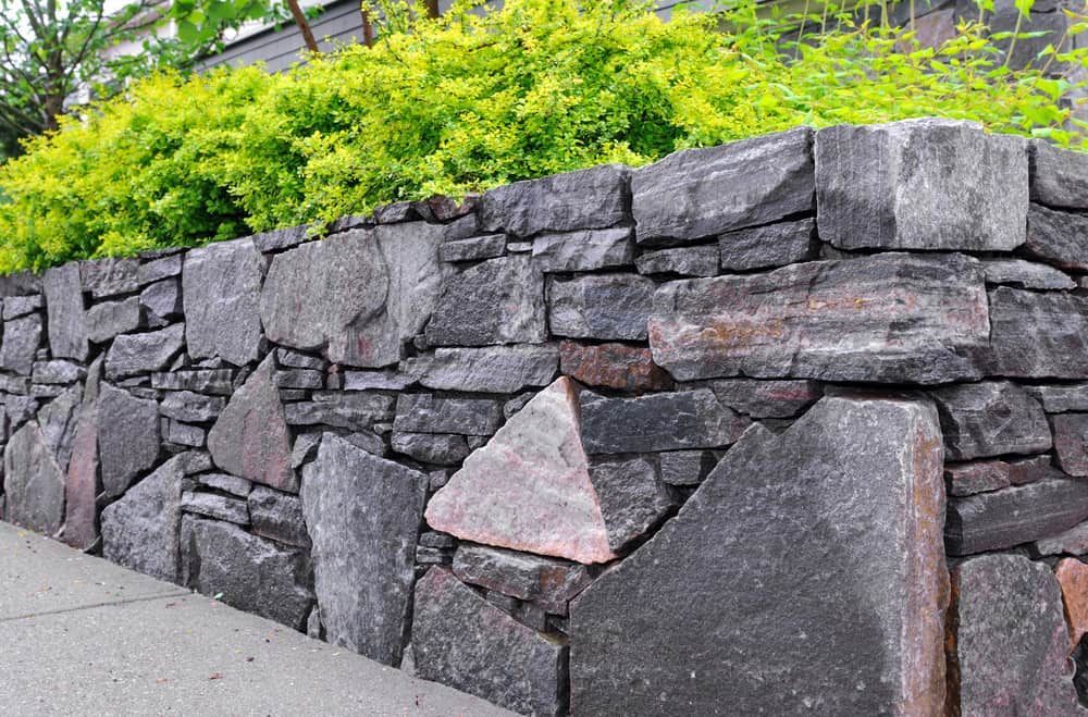 A Stone Wall Is Surrounded by Trees and Bushes on A Sidewalk — D-Scapes Landscaping Services Pty Ltd in Forster, NSW