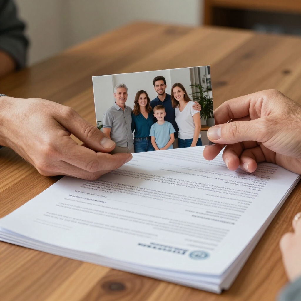 Hands hold a small photograph of a group of five people above a document on a wooden table.