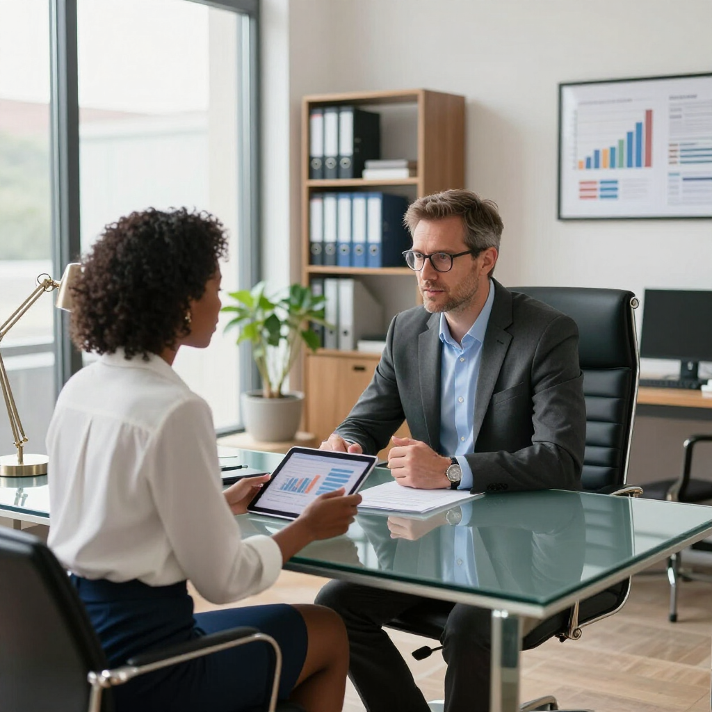 Two professionals sit at a desk in an office, reviewing a tablet showing a bar graph during a business meeting.