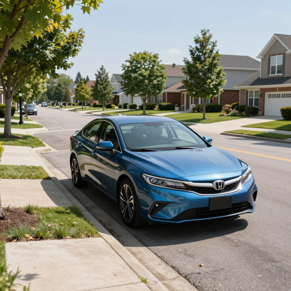 A metallic blue Honda sedan parked on a quiet residential suburban street with trees and houses in the background.