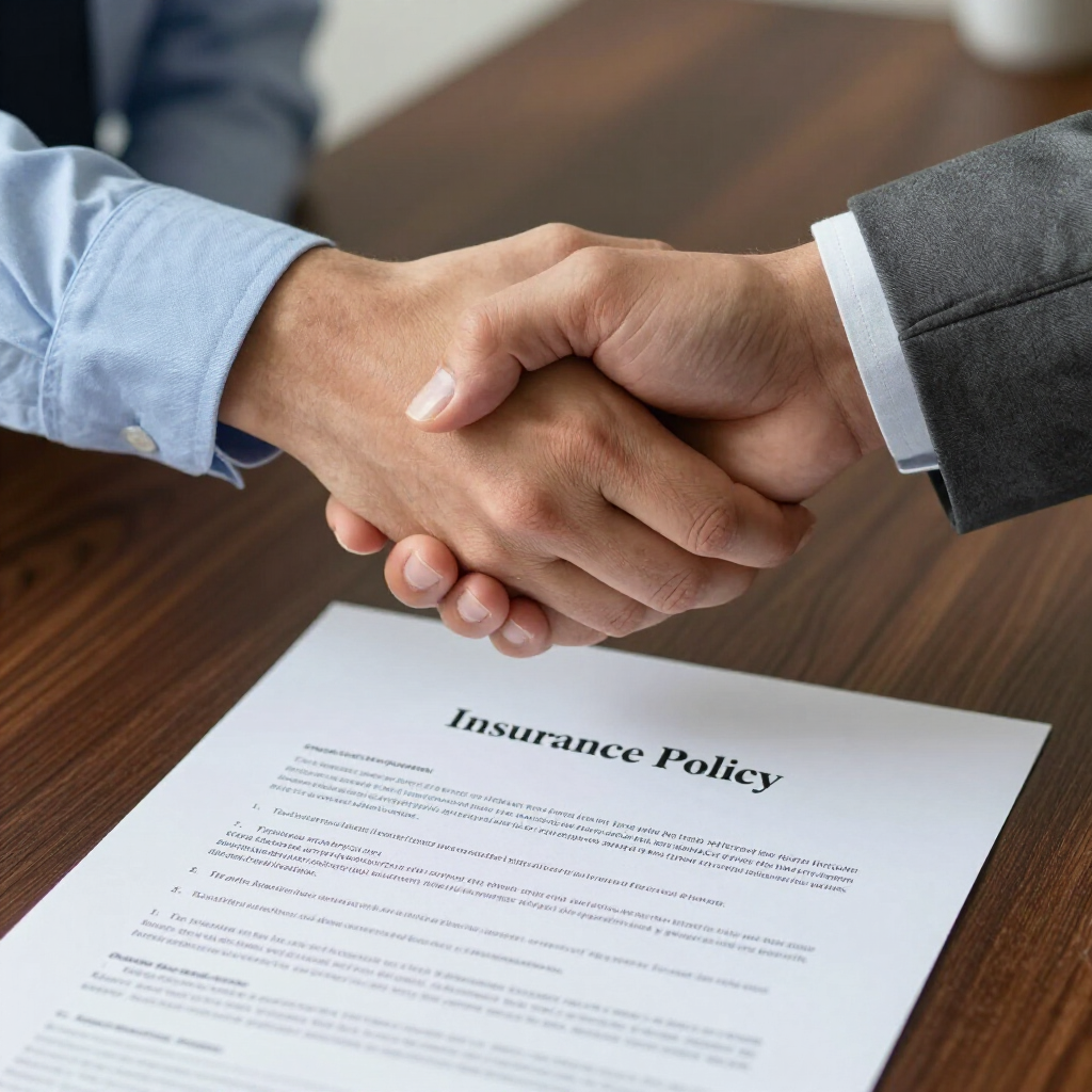 Two people in business attire shake hands over a document labeled 