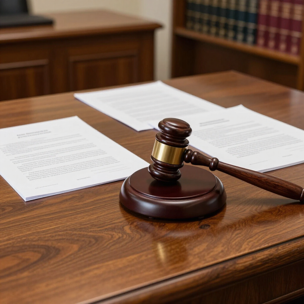 A wooden gavel rests on a round base atop a polished desk with two papers, set against a background of legal bookshelves.