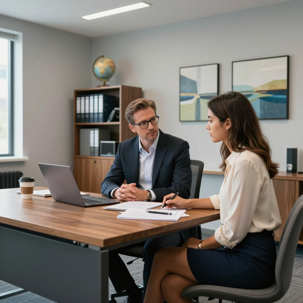 Two colleagues sit at a wooden office desk, engaged in a professional discussion while reviewing documents.