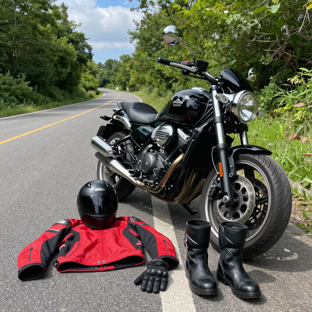 A black motorcycle parked on a paved road next to a red riding jacket, black helmet, gloves, and boots.