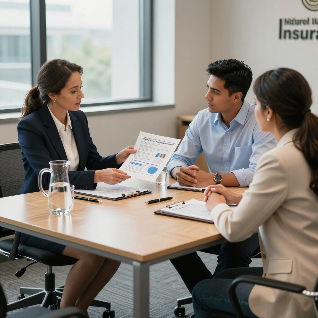 A professional meeting with three people seated at a table, discussing a document with charts in an office setting.