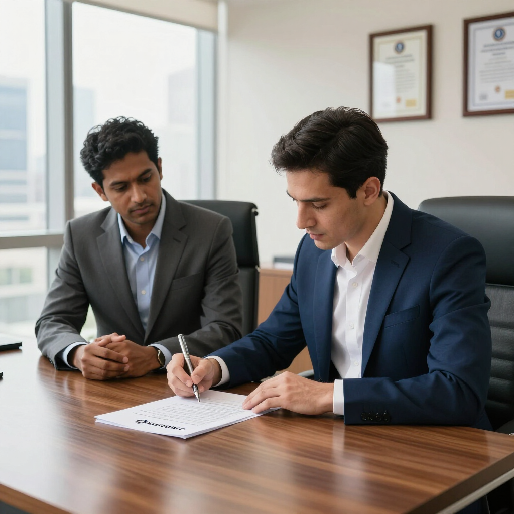 Two professionals in business suits sit at a wooden desk in an office, one writing on a document while the other watches.