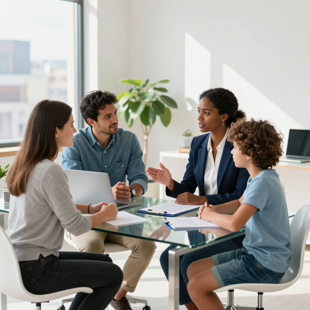 A professional meeting in a bright office, with people sitting around a glass table reviewing documents and talking.