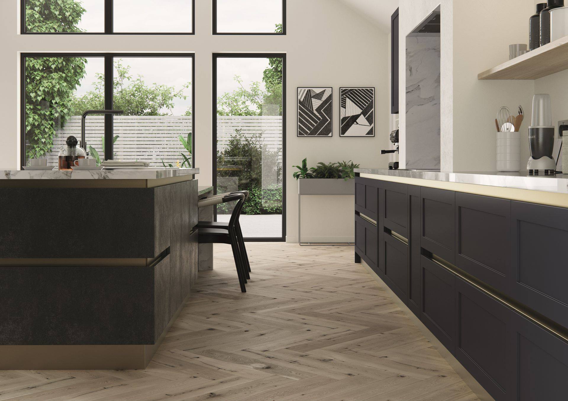 A modern kitchen with dark cabinetry, an island, herringbone wood floors, and large windows looking onto a patio.
