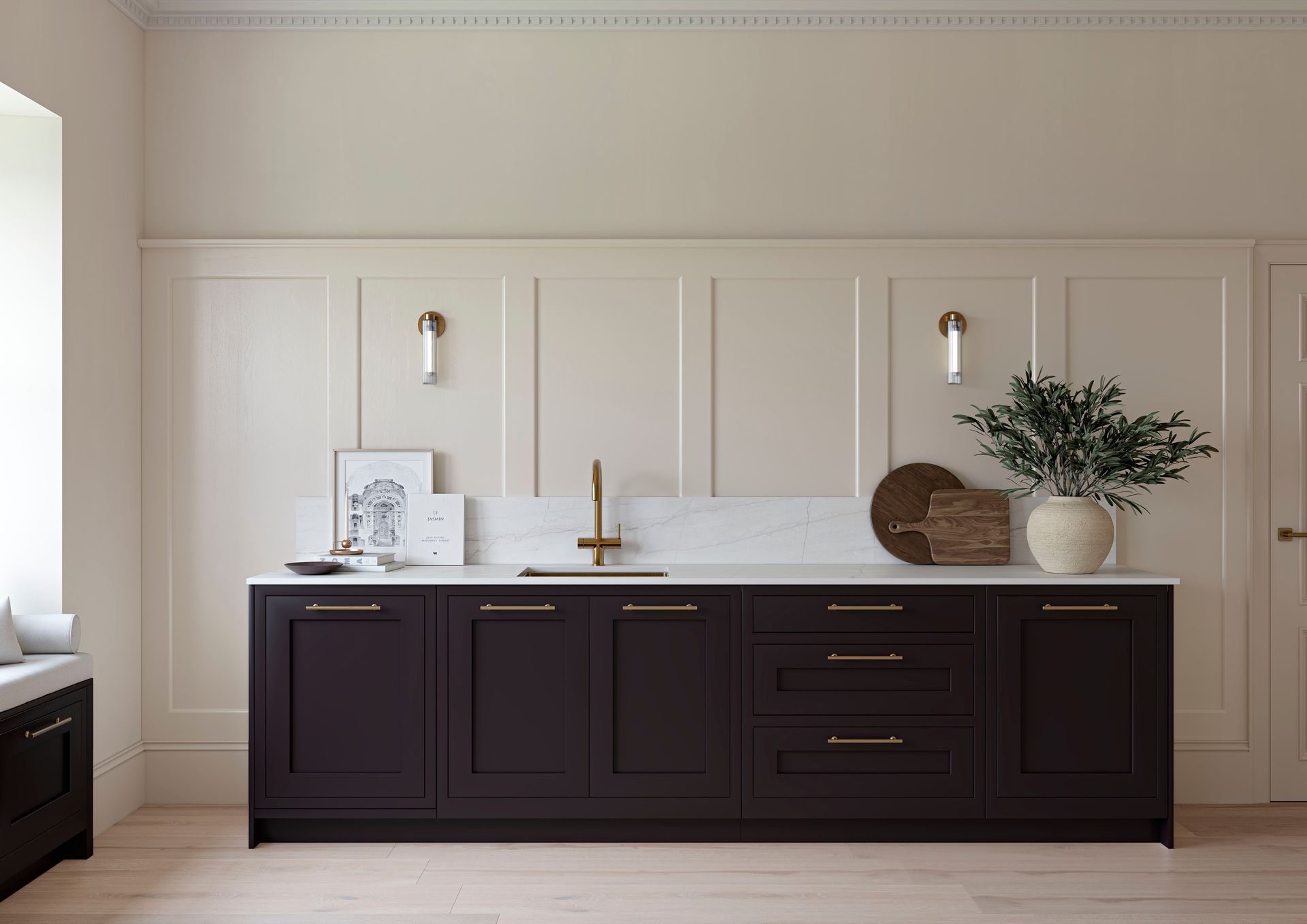 Modern kitchen console with dark cabinets, a white marble countertop, gold faucet, and wall sconces against paneled walls.