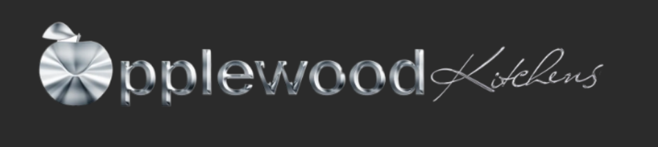 Logo for Applewood Kitchens featuring a metallic apple icon next to silver, 3D-effect text on a dark gray background.