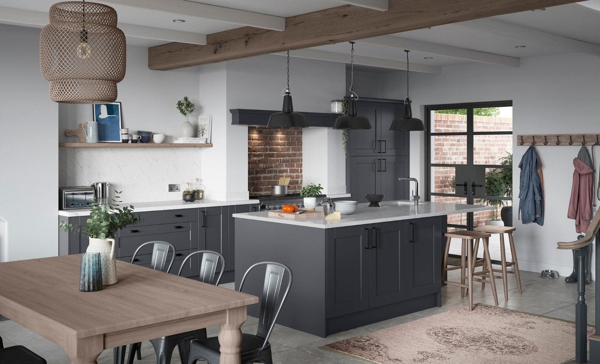 Modern kitchen with charcoal cabinets, a large island, marble countertops, and a wooden dining table in an open floor plan.
