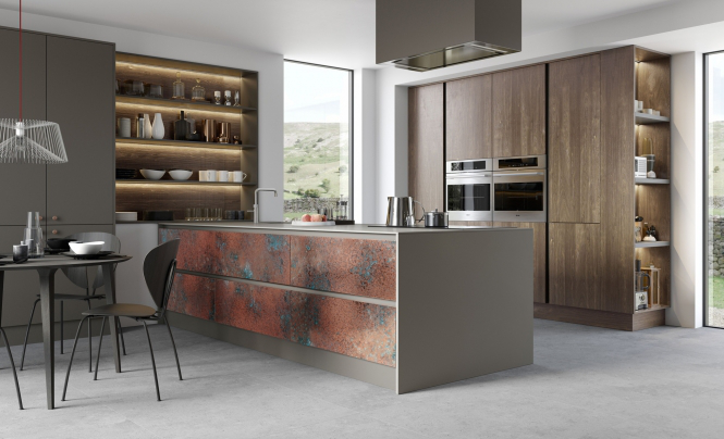 A modern kitchen with brown cabinets, a rust-textured island, and open shelving against a bright, scenic window backdrop.