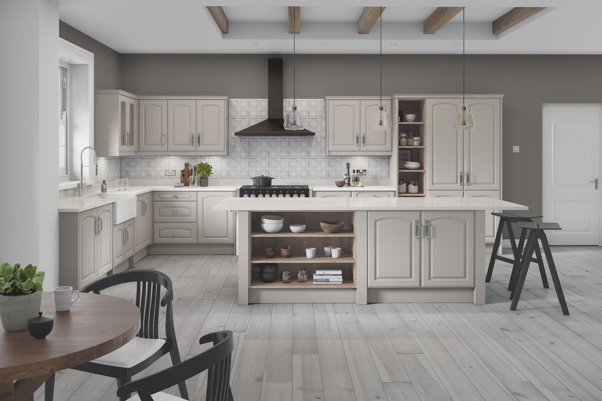 Modern kitchen with light beige cabinets, a central island with open shelving, and a dark hood vent on a tiled backsplash.