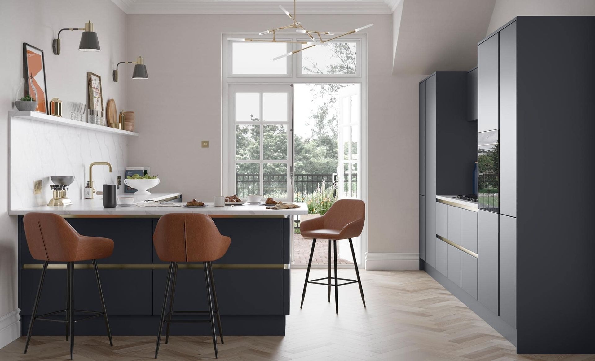Modern kitchen with a dark blue island, copper barstools, light countertops, and herringbone flooring.