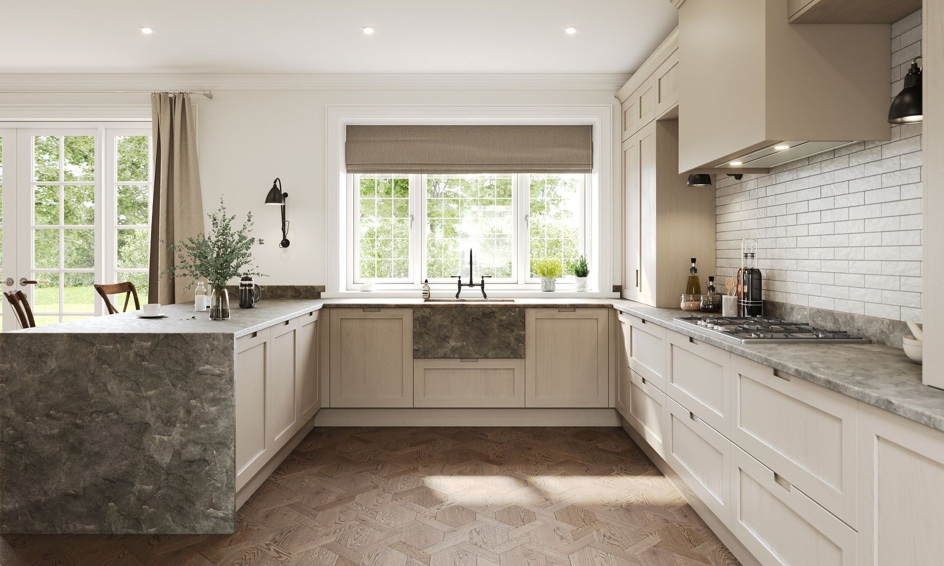 A bright kitchen with beige cabinets, a gray stone island, white subway tile backsplash, and a window with a Roman shade.