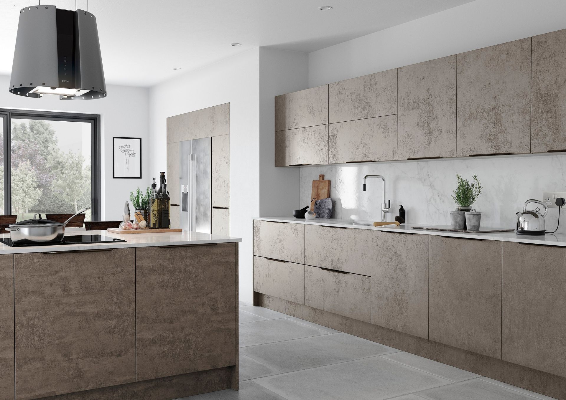 Modern kitchen featuring taupe-textured cabinetry, a central island, stainless steel hood, and light-toned flooring.