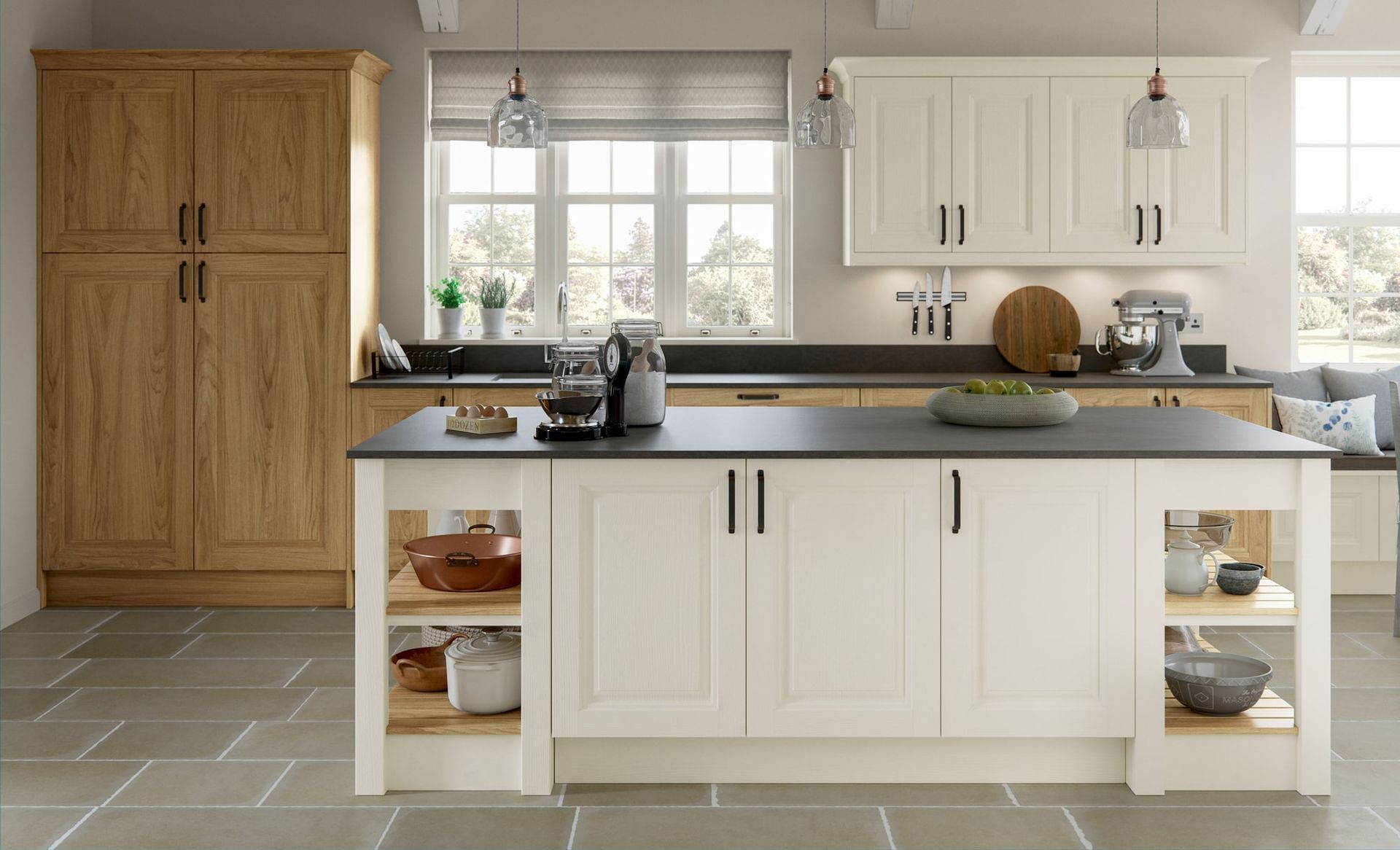 A kitchen with a central white island, wooden cabinets, dark countertops, and tile flooring.