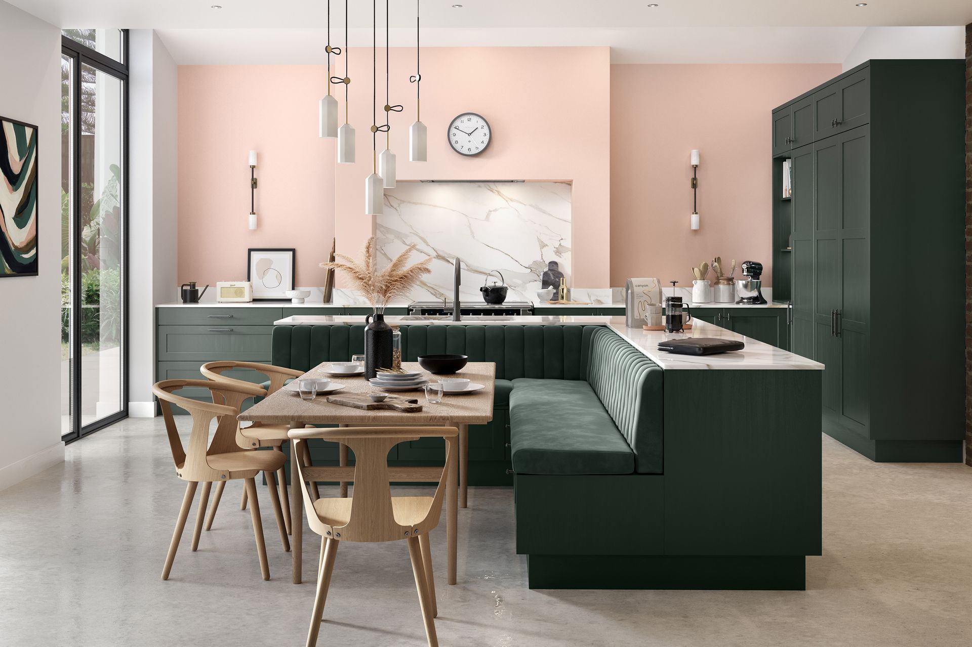 Modern kitchen and dining area with dark green cabinets, marble island, and wooden chairs in a bright open-plan room