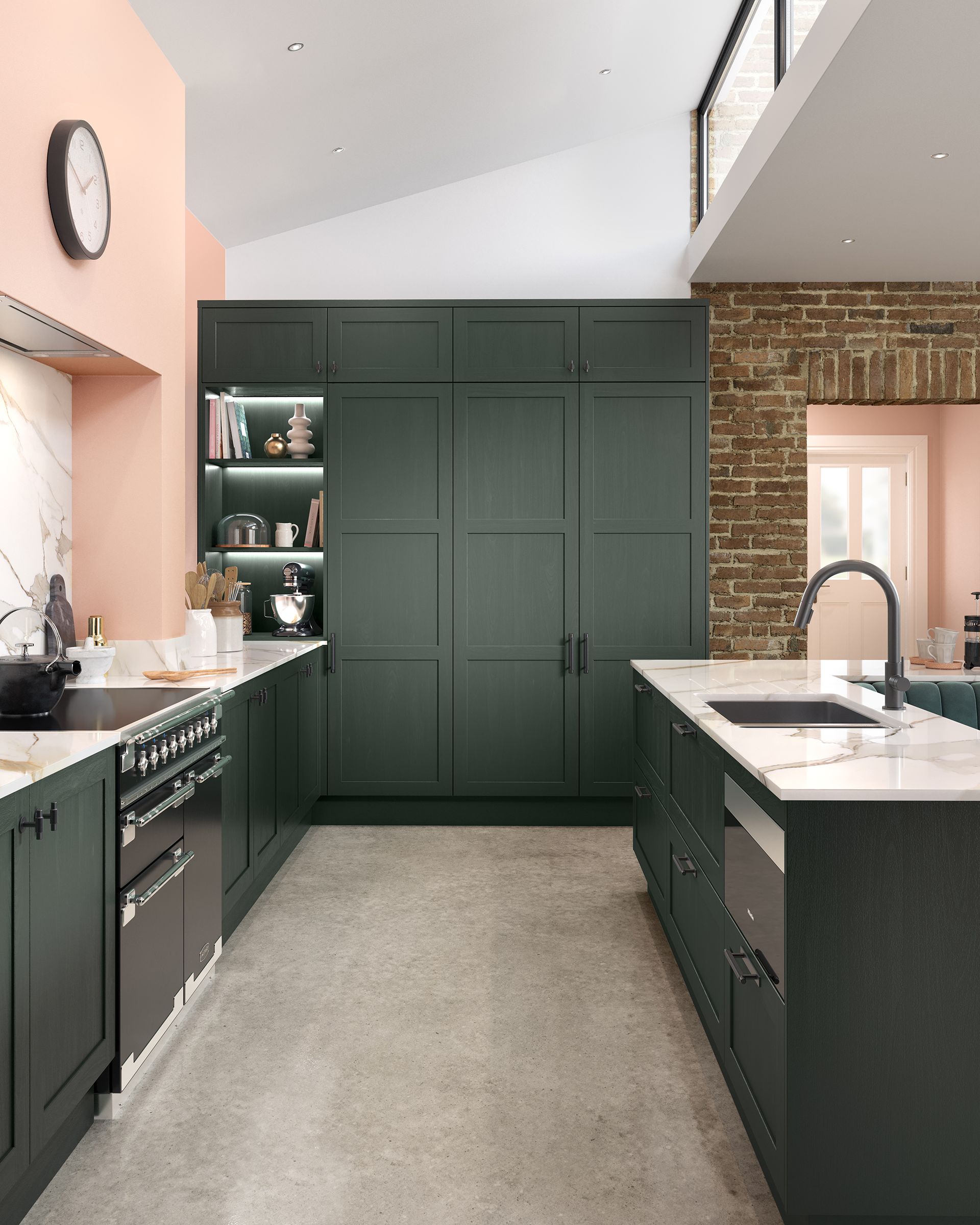 Modern kitchen with dark green cabinets, marble island, brick backsplash, and light peach walls