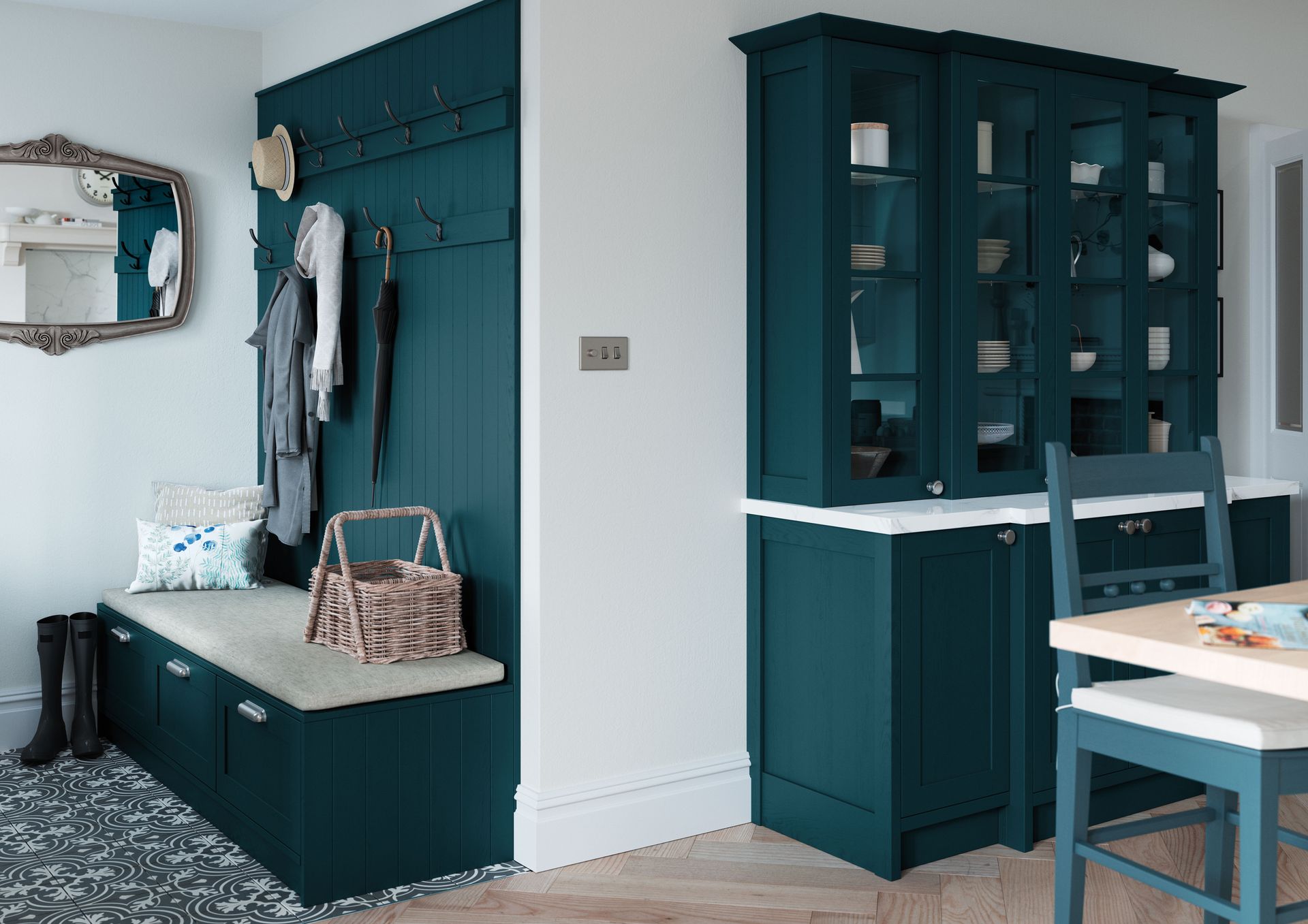 Teal hallway bench and coat hooks beside a matching glass cabinet in a bright entryway.